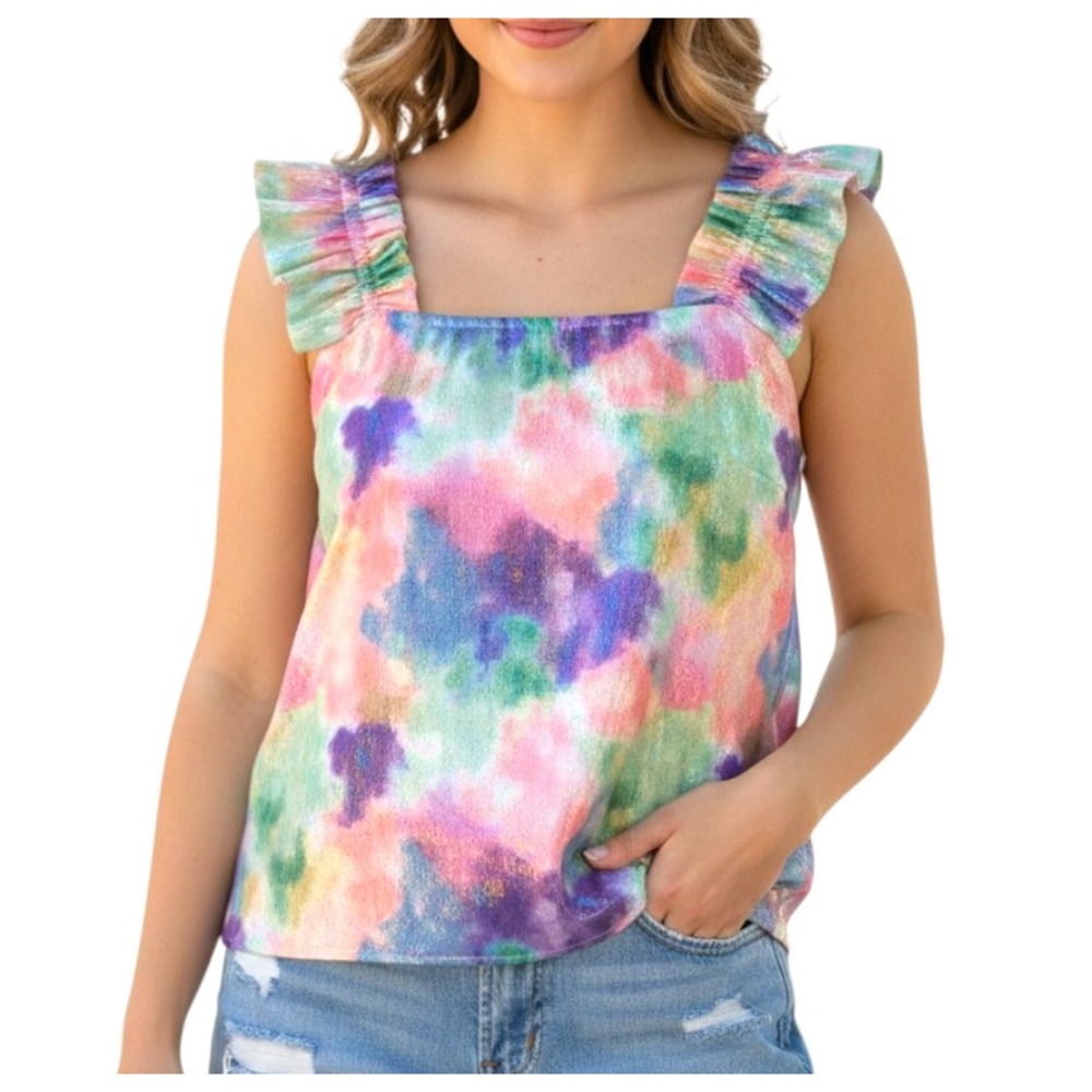 QUEEN OF SPARKLES Rainbow Metallic Tie-Dye RUFFLE SLEEVE TANK TOP Lined Shiny XL